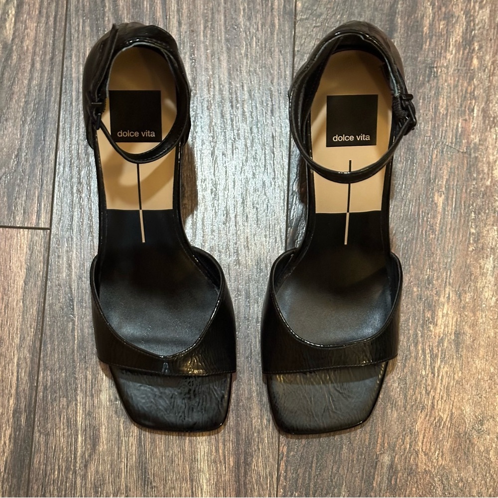 Dolce Vita Black Patent Ankle-Strap Block Heel Shoe